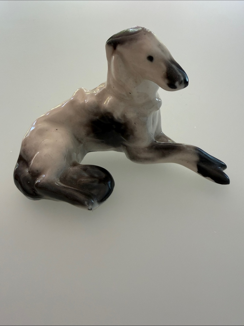 Vintage Borzoi Russian Black & White Wolfhound Figurine Ceramic Dog Lying Crazed